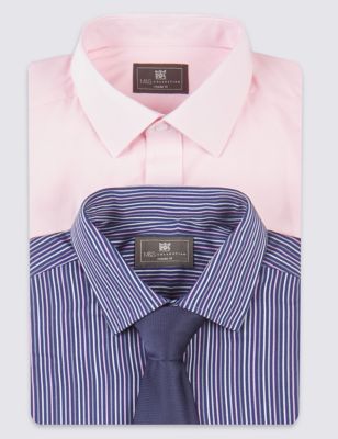 2 Pack Easy to Iron Plain & Striped Shirts with Tie